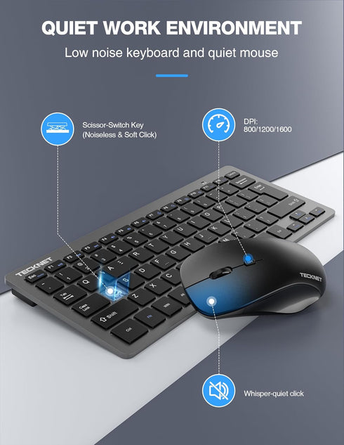 TECKNET Wireless Keyboard and Mouse Combo, Mini Cordless Computer Set, 2.4GHz, Silent Adjustable 1600 DPI, Quiet Click