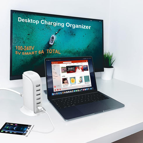 Upoy Charging Station for Multiple Devices, 40W Wall Charger Block with 5 USB Ports, Smart IC, Charger Tower