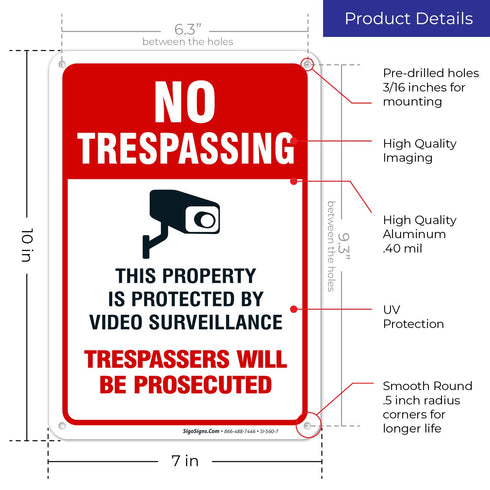 Video Surveillance No Trespassing Sign, CCTV Security Camera, 10x7 Inches, Rust Free .040 Aluminum, Fade Resistant, Made in USA by Sigo Signs
