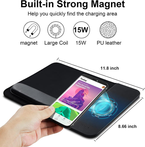 15W Wireless Charging Mouse Pad with Detachable Wrist Support, Fast QI Charger for iPhone/Samsung Devices, Black