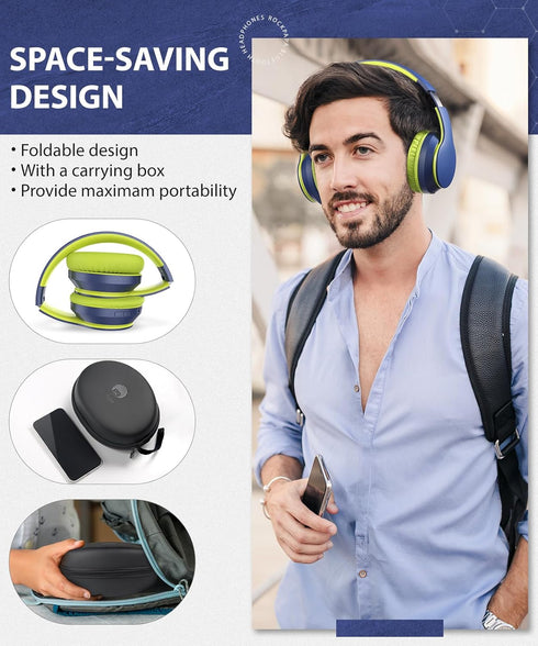 rockpapa E7 Over Ear Wireless Bluetooth Headphones with Mic, Travel Case, Foldable Wired/Wireless for Kids and Adults