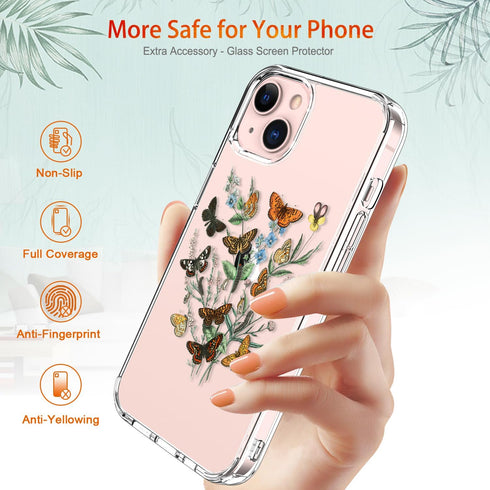 GiiKa iPhone 13 Case with Screen Protector, Clear Protective Floral Shockproof Hard Case with TPU Bumper