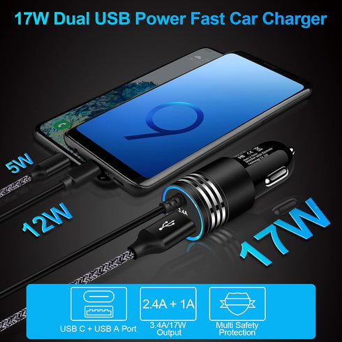 Android Car Charger Type C Fast Charging for Samsung Galaxy S24/A15/A14/A54/A53 5G with 3ft USB C Cable