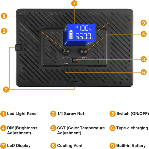LED Video Light Panel, Portable Photography Lighting, Built-in 20W Battery, 2500K-8500K for Video Recording