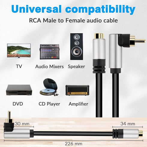 RCA Audio Extension Cable (2 Pack), 90 Degree RCA Male to Female Lead Cable, Digital Coaxial Audio Cable for Home