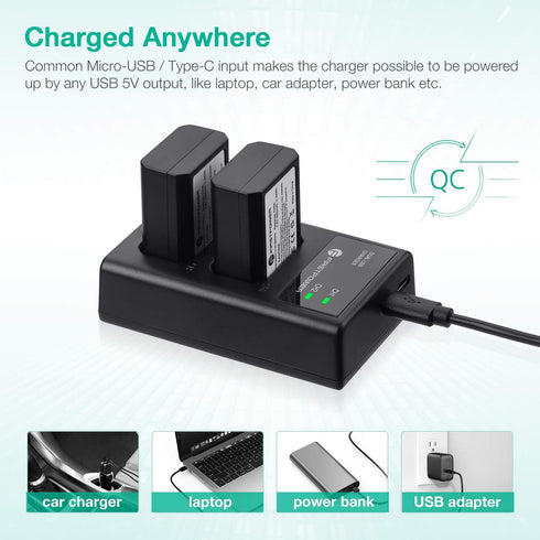 FirstPower NP-FW50 Battery 2-Pack with USB Dual Charger for Sony A6000 A6300 A6400 A6500 A7 A7II A7RII A7SII Cameras