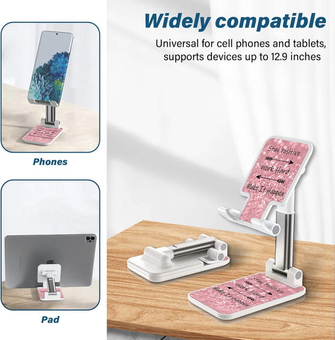 Adjustable Angle Foldable Phone Stand for Desk, iPad Holder for iPhone and Samsung, Pink Letters Desk Accessories