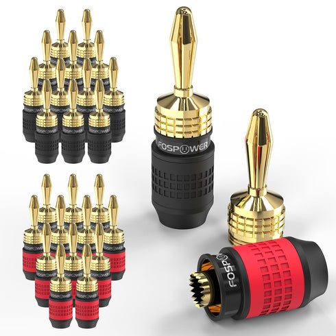 FosPower 12 Pairs Deadbolt Banana Plugs / 24 pcs, 24k Gold Plated Screwless Type Speaker Plug Connectors for Audio