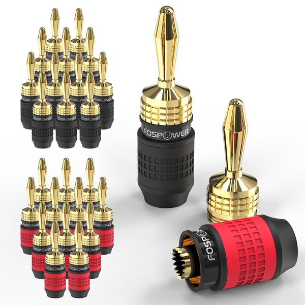FosPower 12 Pairs Deadbolt Banana Plugs / 24 pcs, 24k Gold Plated Screwless Type Speaker Plug Connectors for Audio