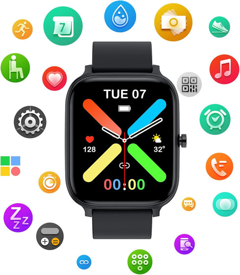Smart Watch for Men Women, 1.69 inch Full Touch Screen, IP68 Waterproof Bluetooth Fitness Tracker (Black)