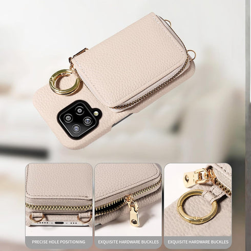 Furiet Wallet Case for Samsung Galaxy A12/M12 with Shoulder Strap Ring Buckle, Luxury PU Leather Zipper Flip Organ Purse, Card Holder Stand Full Body Cell Phone Cover for A 12 5G A-12 S12 12A 4G White