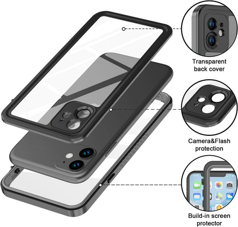 iPhone 11 Waterproof Case with Screen Protector, Full Body Shockproof Dustproof Heavy Duty IP68 Case (Black)
