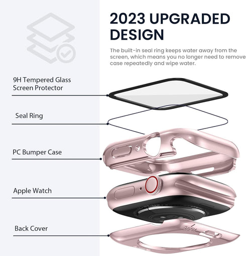 Tensea 2 in 1 Waterproof Apple Watch Screen Protector Case, iWatch Protective PC Face Cover with Tempered Glass