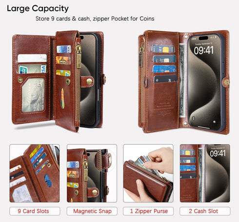 MInCYB 13 for iPhone MagSafe Wallet Case Detachable Magnetic Wallet with RFID Blocking, PU Leather Zipper & Strap
