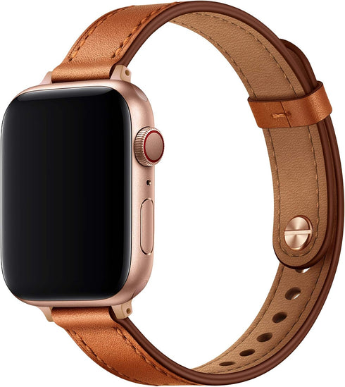 OUHENG Slim Bands for Apple Watch 42mm 41mm 40mm 38mm, Women Genuine Leather Replacement Thin Strap (Brown/Rose Gold)