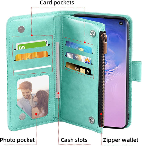 Asuwish Green Wallet Case for Samsung Galaxy S10, with Tempered Glass Screen Protector, Flower Flip Card Holder Cell