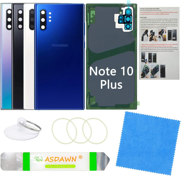 Galaxy Note 10+ Replacement Back Glass Panel Case with Installation Manual, Pre-Installed Camera Lens, Repair Tool Kit