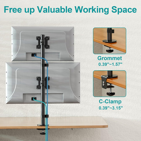 MOUNT PRO Vertical Dual Monitor Stand, Stacked Monitor Mount for 2 Monitors Up to 32 inches, Adjustable Desk Mount