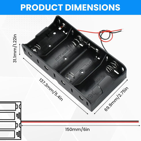 SDTC Tech 2-Pack D Cell Battery Holder, 4 Slot 6V D Size Battery Case Box with Wire Leads