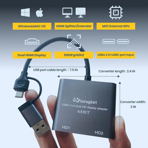 USB to HDMI Adapter for Dual Monitor, USB 3.0 for 2 Monitors, USB A to HDMI + USB C to HDMI Adapter, USB Video Card