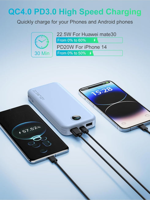 Portable Charger with Built-in Cables and AC Wall Plug, USB C 12000mAh Slim Power Bank Fast Charging for Smart Phones,