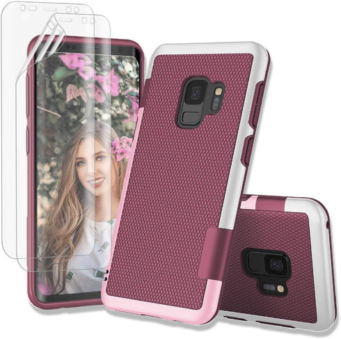 Jeylly Galaxy S9 Case with 2 Pack HD Soft Screen Protector, Ultra Slim One-Piece Anti-Slip Rugged Soft TPU Bumper, Wine