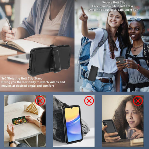 Heavy Duty Case for Samsung Galaxy A15 5G, with Belt-Clip and Tempered Glass Screen Protector, Military Grade