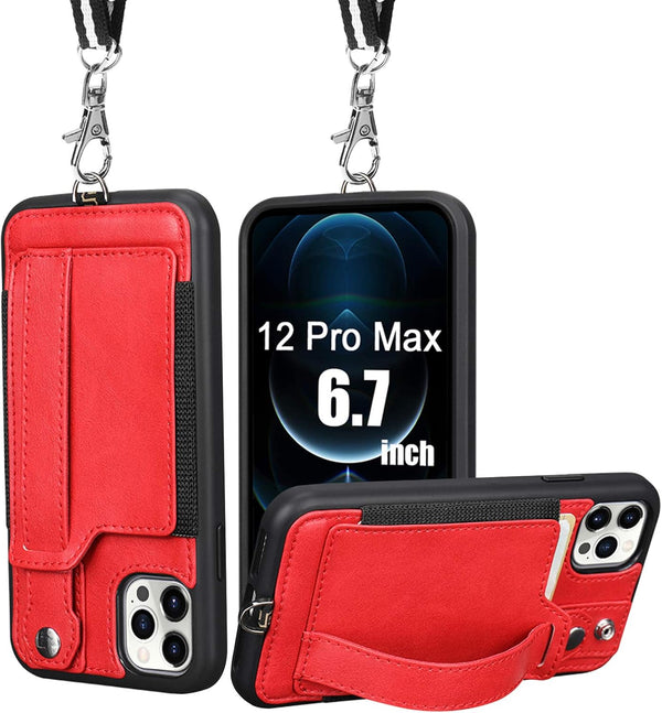 TOOVREN iPhone 12 Pro Max Case for Women and Girls, Card Holder Kickstand Adjustable Lanyard Neck Strap, Red