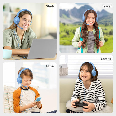 SIMOLIO Kids Headphones Wired with Microphone for Virtual School & Gaming, Safe Volume Cord Headphone with Flexible