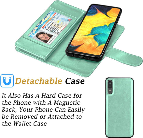 Takfox Wallet Case for Samsung Galaxy A50, PU Leather with 9 Card Slots, Folio Flip Magnetic Detachable Case (Turquoise)