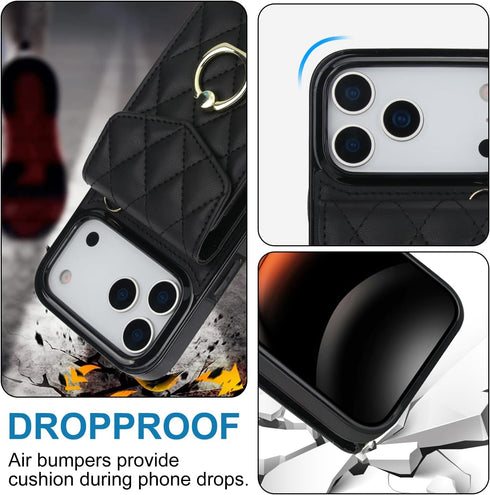 MRRSIWEI 17 17 Crossbody Case for Apple Pro Max with Card Holder, PU Leather with Wallet Removable Lanyard Wrist Strap