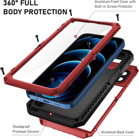 Beasyjoy Waterproof Case for iPhone 12 Pro Max, Metal Heavy Duty Defender with Built-in Screen Protector, 6.7 Inch (Red)
