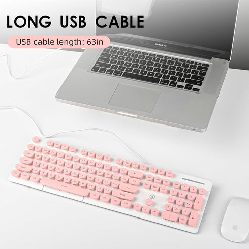 Wired Quiet Membrane Keyboard, Full Size 104-Keys, Retro Punk Typewriter, White LED Backlit, USB, Pink