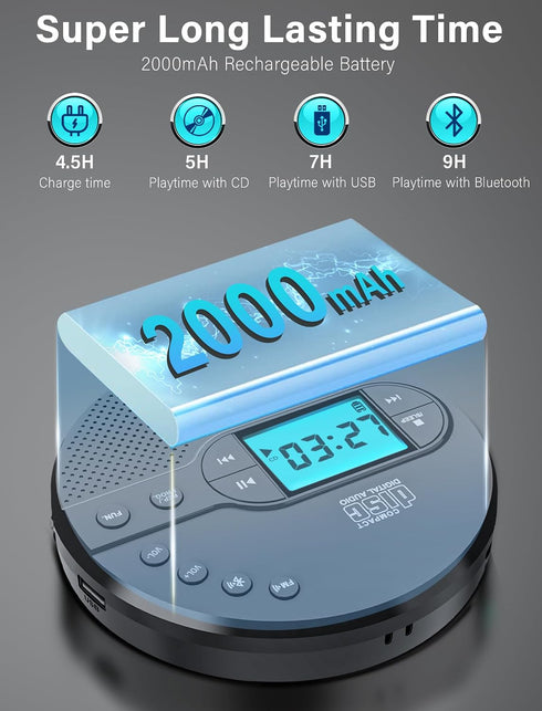 AFU 2000mAh 3.5mm MP3 Portable CD Player with Rechargeable Battery-Bluetooth Connect CD Player with Headphones Jack,FM