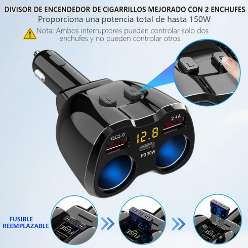 Cigarette Lighter Splitter 2 Socket, Qidoe 150W Cigarette Lighter Adapter 20W USB C Car Charger and 18W QC3.0 Multi
