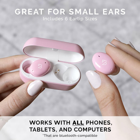Tempo 30 Pink Wireless Earbuds for Small Ears, Comfortable Bluetooth Ear Buds for Women and Men, Sweatproof, Long