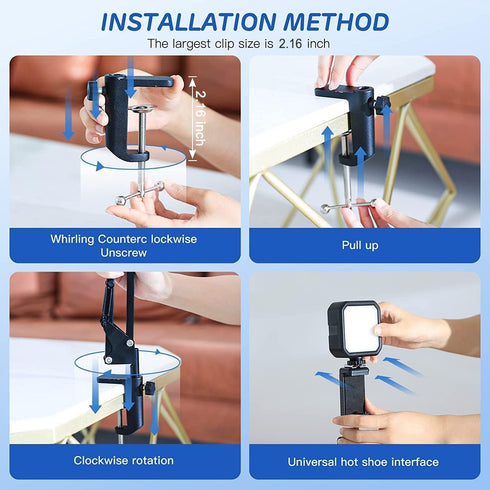 Overhead Phone Mount, Articulating Arm Cell Phone Holder with LED Light, Flexible Phone Stand for Live Streaming, Video