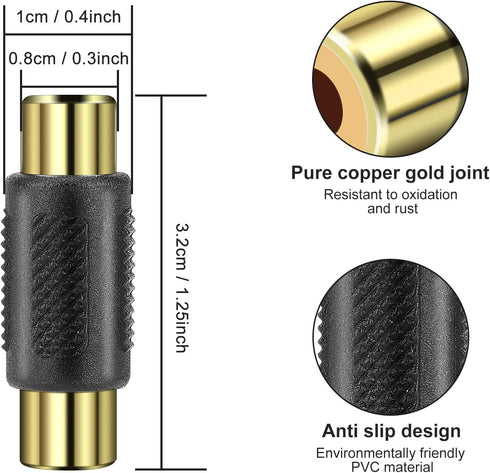RCA Female to Female Coupler 3 Pack Audio Video RCA Adapter Connector for Amplifier, Speaker, TV - Gold Plated