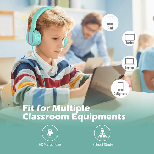 AILIHEN I35 Kids Headphones On-Ear for School, 93dB, 3.5mm Wired Mic for Chromebook, Laptop, Green/Purple