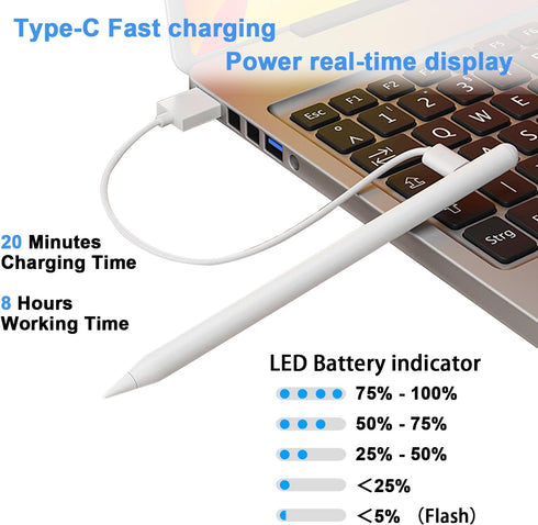 Stylus Pen for iPad 9th&10th, Type-C Charging Pencil with Palm Rejection Compatible with Apple iPad 6/7/8/9/10 (White)