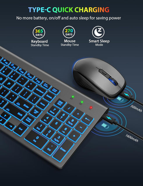SABLUTE Wireless Keyboard and Mouse Combo - Backlit Compact Quiet Keyboard with RGB Mouse, Rechargeable, Slim