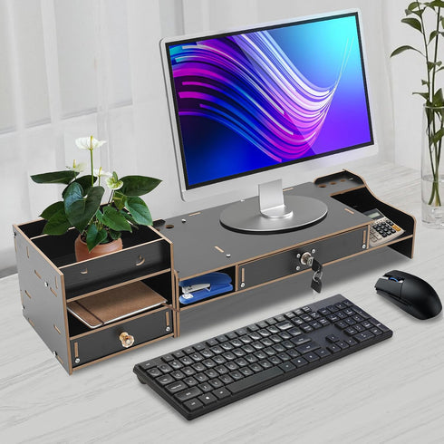 90 TFCFL Desktop Monitor Stand, Multi-Purpose Computer Monitor Booster Stand with Drawer, Adjustable Angle, Black MDF