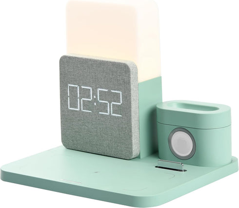 6 in 1 Fast Charging Station, 10W Wireless Charger with Alarm Clock, Compatible with Samsung, iPhone 15/14/13/12 (Green)