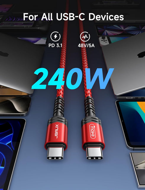 JSAUX 240W USB-C Charge Cable 10FT, USB C to USB C Cord USB-C Type C Fast Charger Cable Compatible with MacBook Pro Air, iPad Pro Air, Dell, iPhone 15/15 Pro Max, Samsung Galaxy S23/S22/S21, Pixel-Red by JSAUX