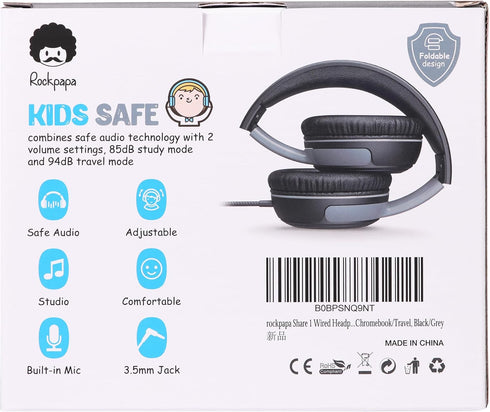 rockpapa Share 1 Kids Headphones Wired with Microphone & Share Port, 85dB/94dB Volume Limited, Black/Grey