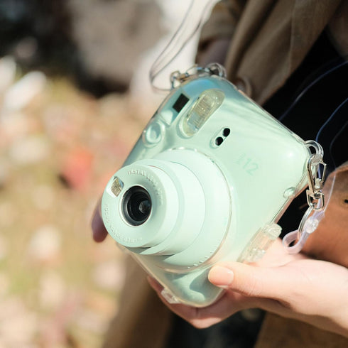 Rieibi Clear Case for Fuji Instax Mini 12, Hard Carrying Bag with Photo Storage Pocket & Shoulder Strap