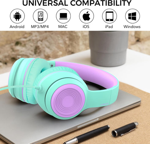 A8 Kids Headphones with Microphone, Lightweight Folding Stereo Bass Headphones, Portable Wired for Smartphone/Tablet