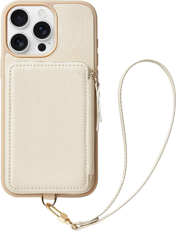 ZVE Wallet Case for iPhone 13 Pro with Wrist Strap, Zipper iPhone Case with RFID Blocking Card Holder Slot, Leather