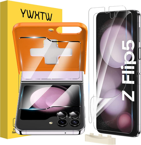 YWXTW 2023 Alignment Tool for Samsung Galaxy Z Flip 5: 2 Soft EPU, 2 Tempered Glass, 2 Metal Camera Lens Protectors.
