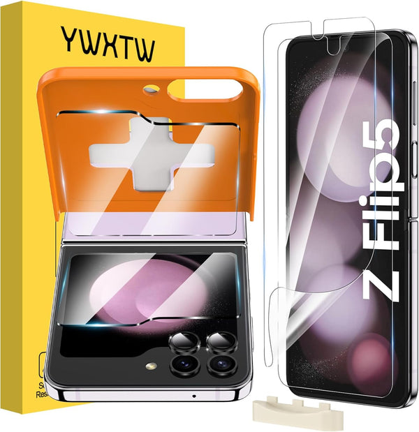 YWXTW 2023 Alignment Tool for Samsung Galaxy Z Flip 5: 2 Soft EPU, 2 Tempered Glass, 2 Metal Camera Lens Protectors.